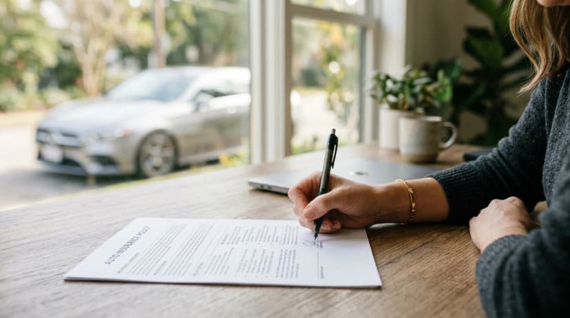 Rankos pasirašo automobilio draudimo polisą, pro langą matyti automobilis